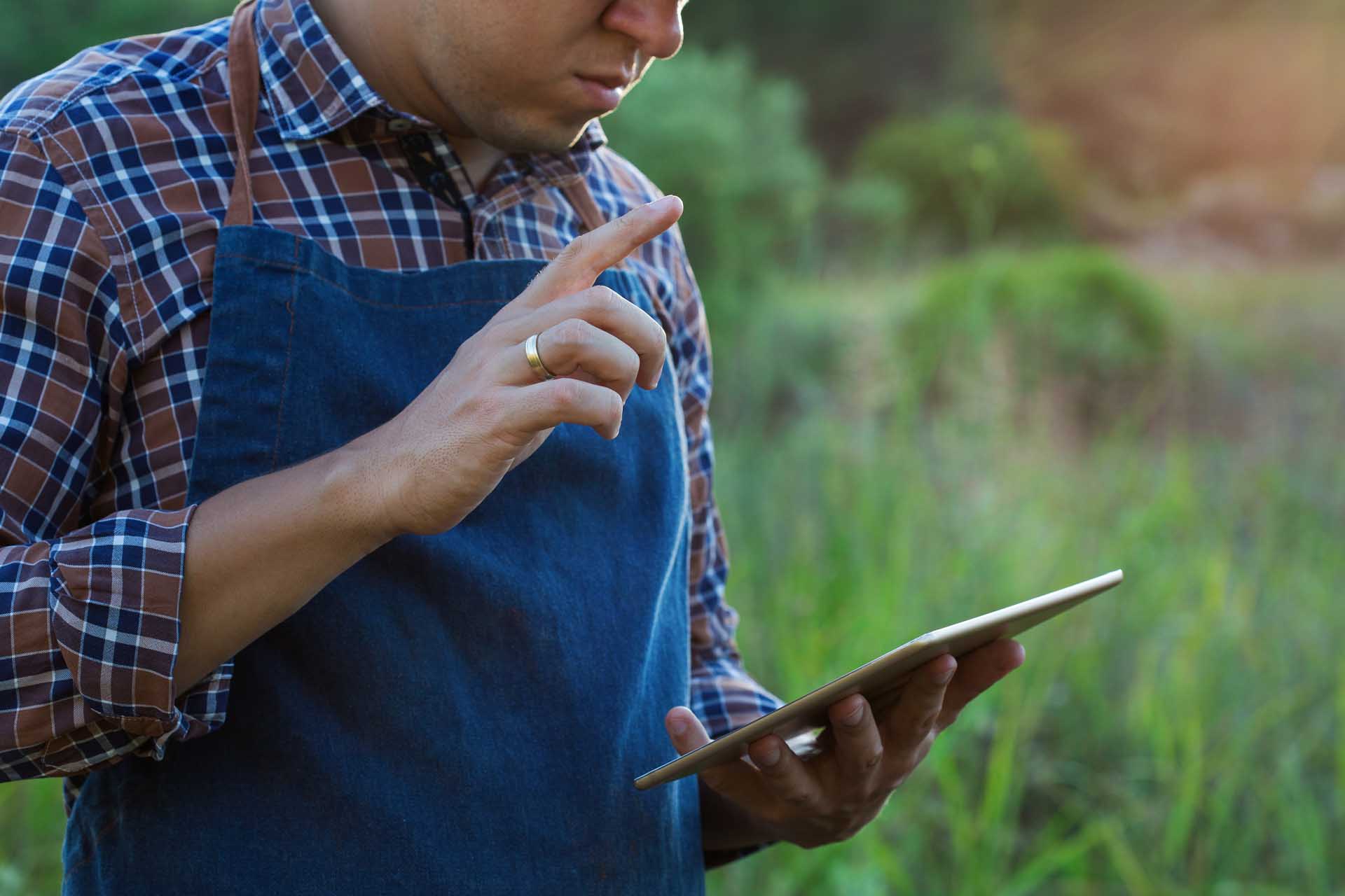 A landscaper using a laptop in a garden setting, managing business and implementing free advertising strategies.