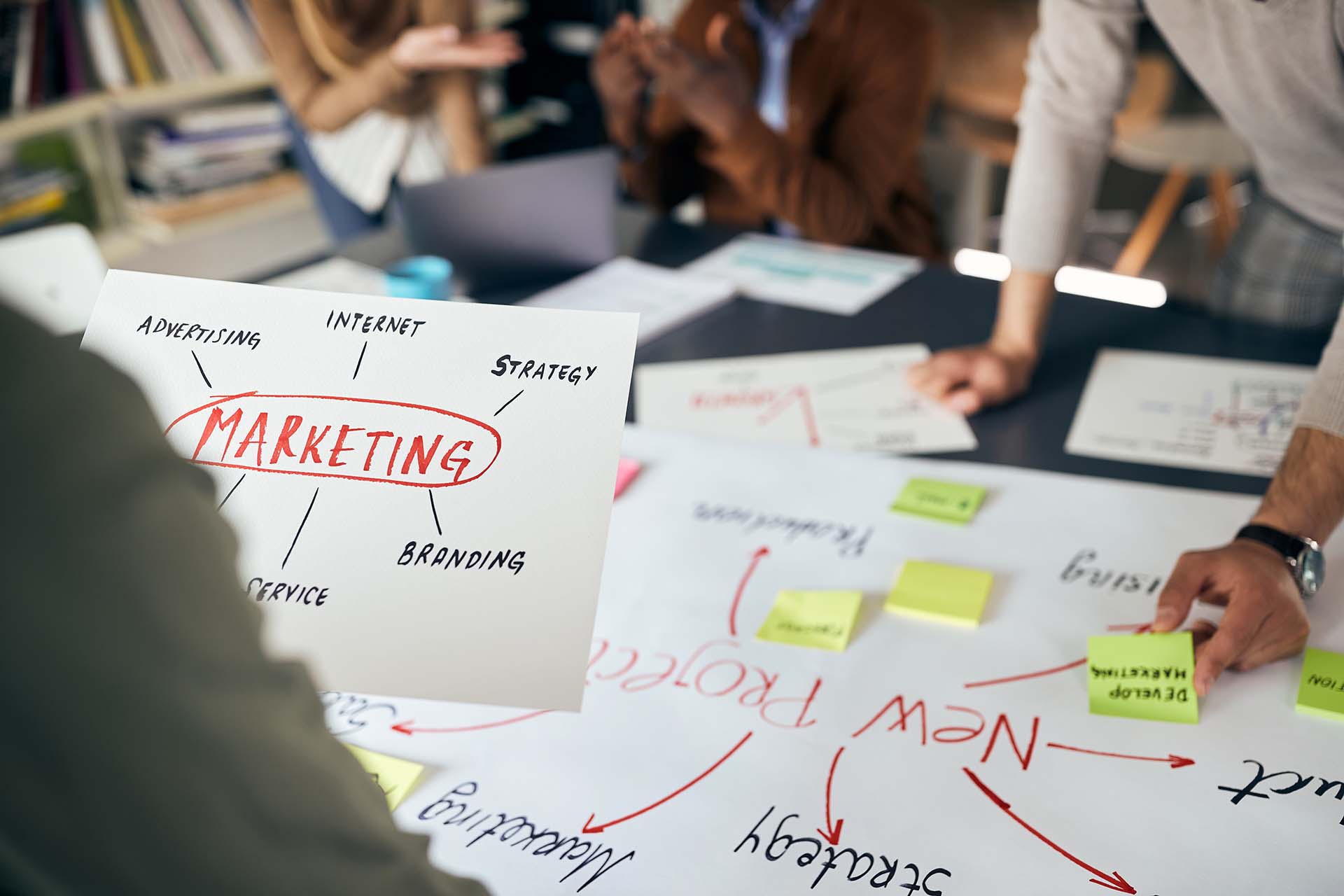 Business team developing a marketing plan with brainstorming charts and notes for continuous business growth.