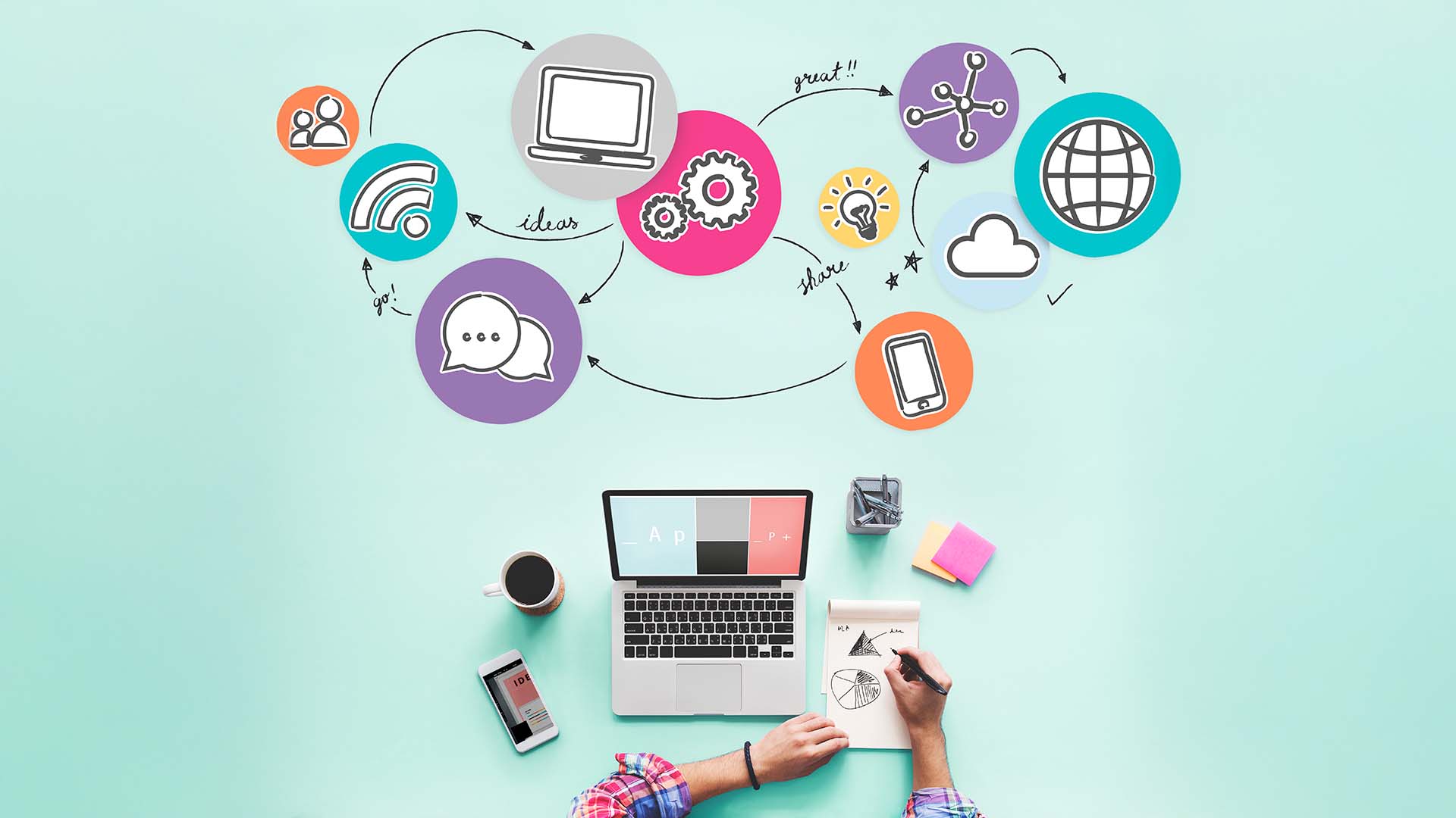 Overhead view of a desk with a laptop, smartphone, coffee cup, and hand-drawn automation workflow, ideal for illustrating time-saving strategies.