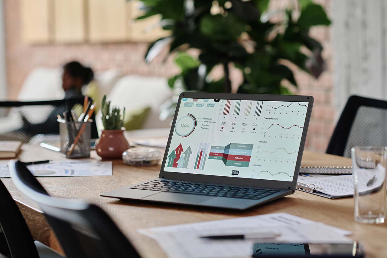 A laptop displaying a financial dashboard with charts and graphs on a wooden office desk surrounded by documents and office supplies.