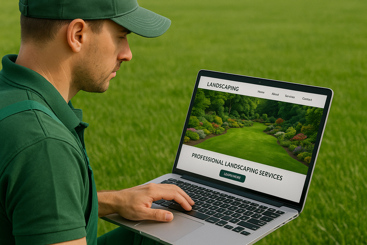 Landscaper in front of laptop