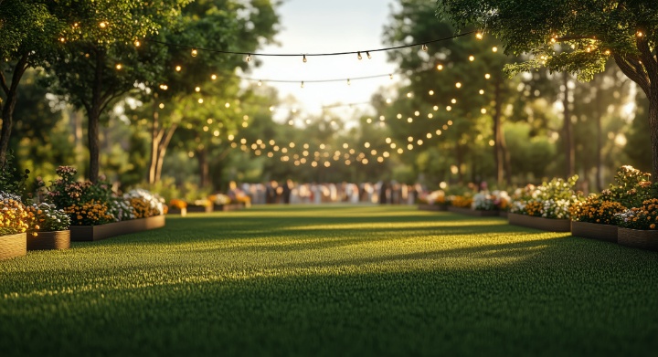 Manicured lawn set up for an outdoor summer event