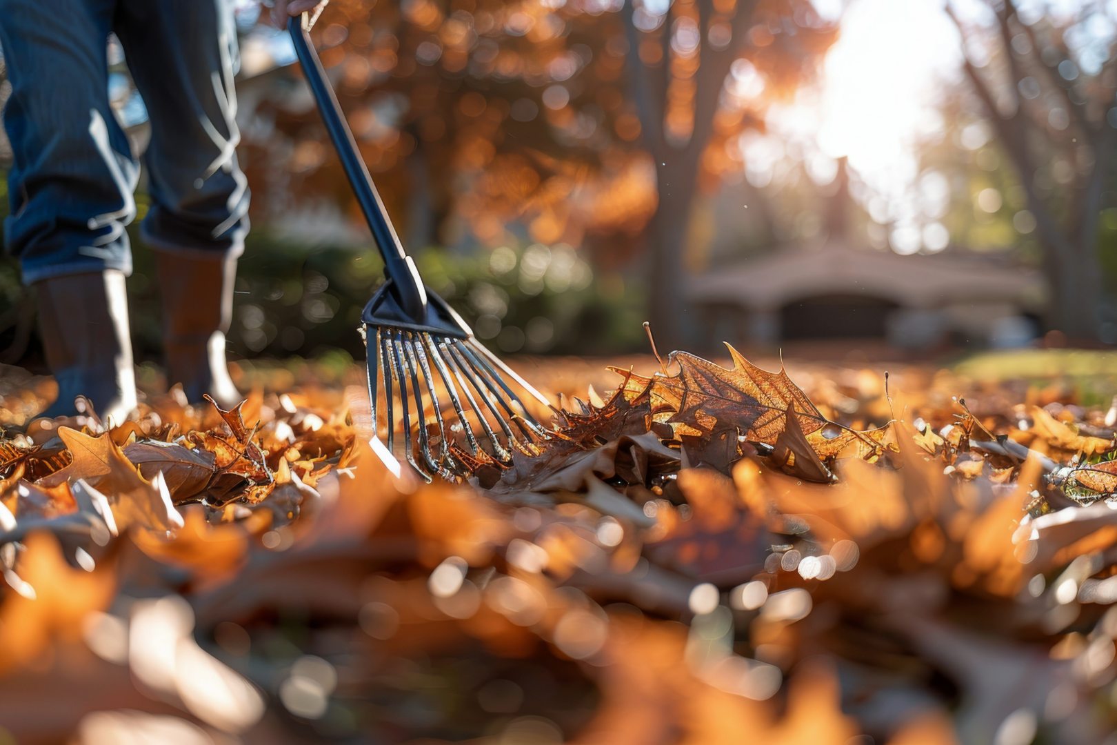 Close-up of a landscaper raking autumn leaves in a residential yard – fall cleanup services for seasonal lawn care