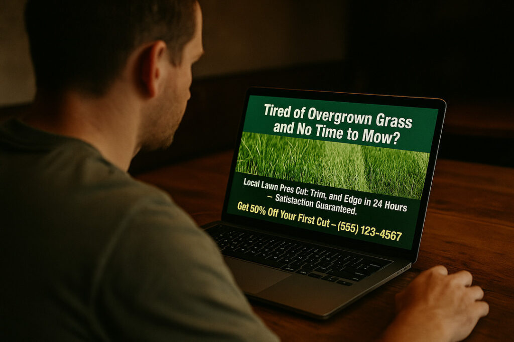 Man viewing a lawn care ad on a laptop screen with bold text offer for mowing services — example of high-converting digital lawn ad