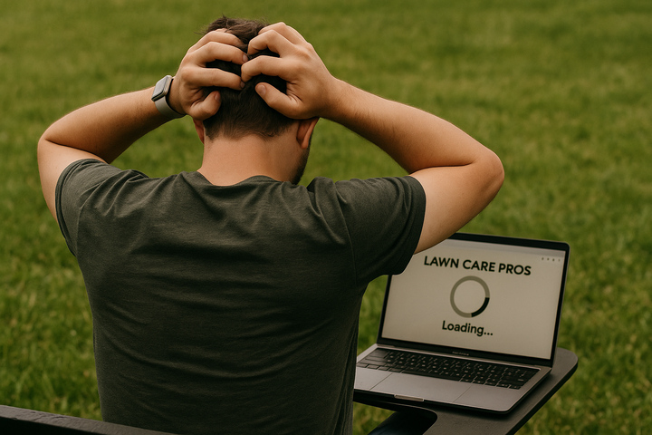 Frustrated customer looking at a slow-loading landscaping website on a laptop