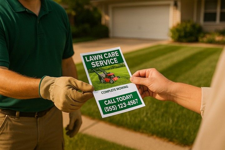 Lawn care worker handing a promotional flyer to a homeowner, featuring mowing services and a call-to-action with phone number on a neatly trimmed residential lawn