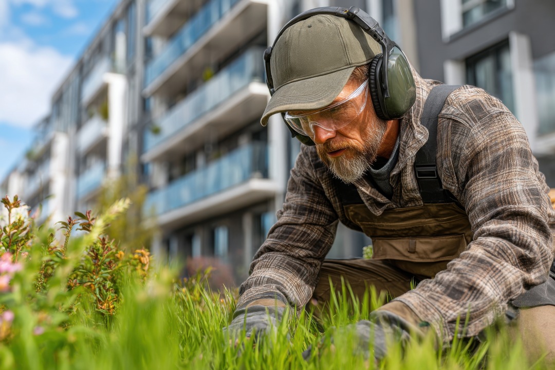 Landscaper weeding grass near modern apartment buildings